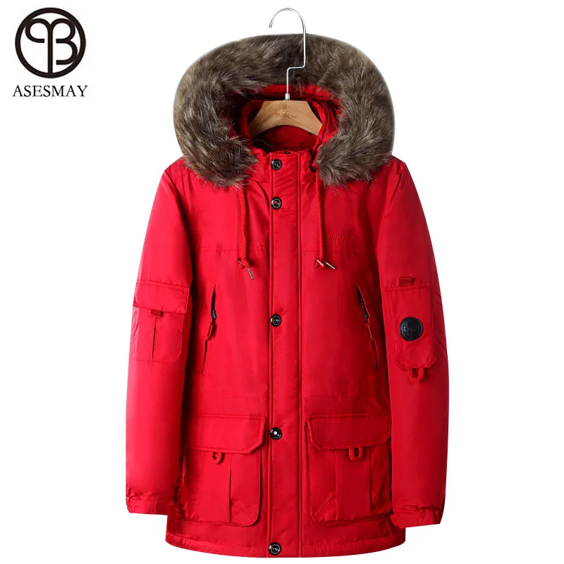 Asesmay, мужской пуховик, роскошный бренд, меховой капюшон, для русской зимы, толстый, теплый, белый утиный пух, парки, повседневные, Wellensteyn пальто - Цвет: red
