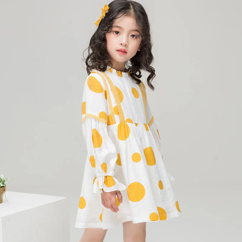 

2019 Spring Girls Dresses Long Sleeve Dot Cotton Princess Party Frocks Sweet Kids Boutique Clothes Children Clothing 4-12 Y