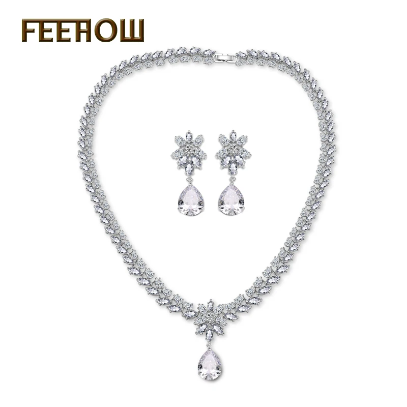 

FEEHOW Exquisite White Gold Flower Dangle Jewelry Marquise & Teardrop Cubic Zircon Jewelry Set For Women Vintage Gift FWSP062