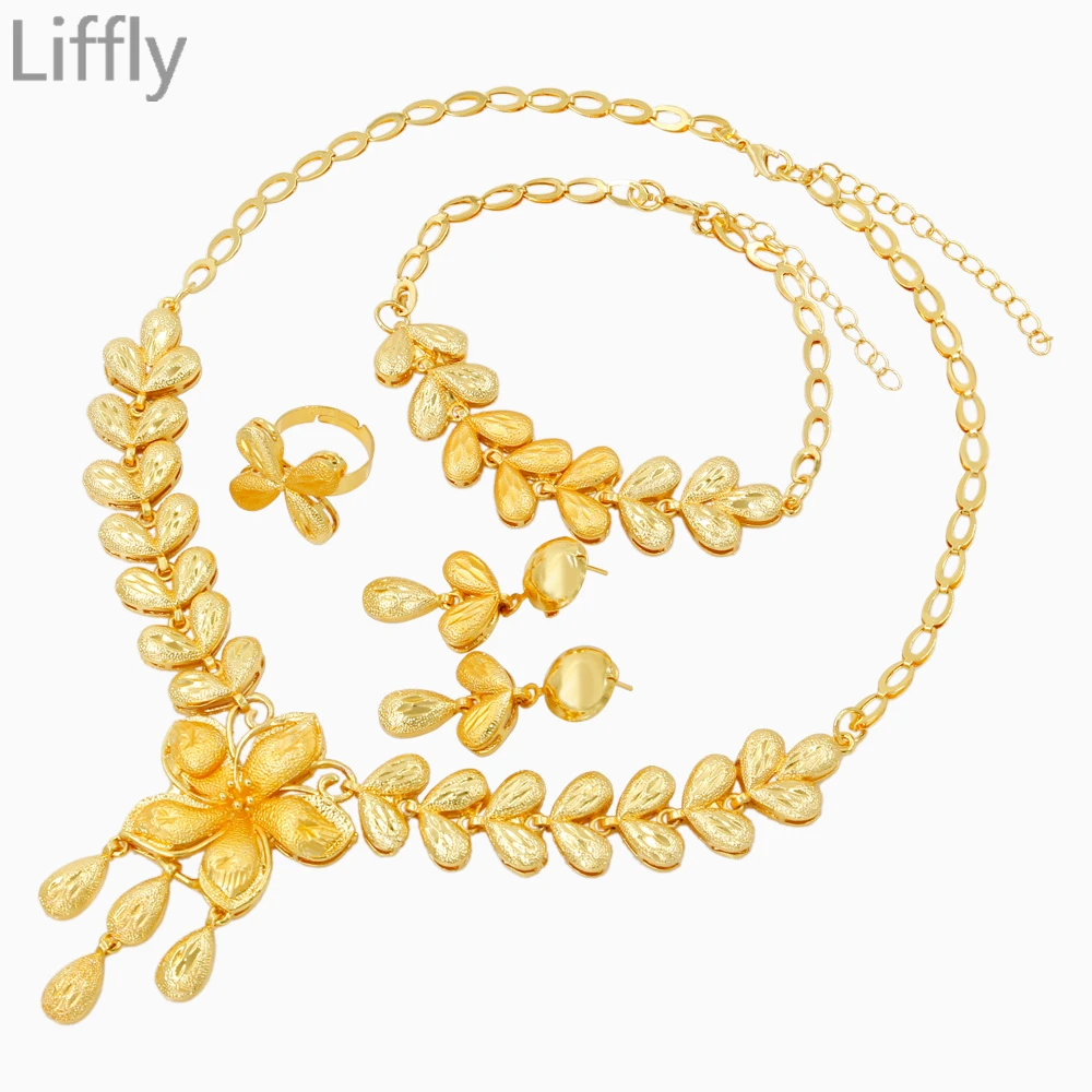 

African Fashion Charm Women Flower Shape Design Necklace Bracelet Earrings 24 Gold Jewelry Sets Wedding Anniversary Accessories