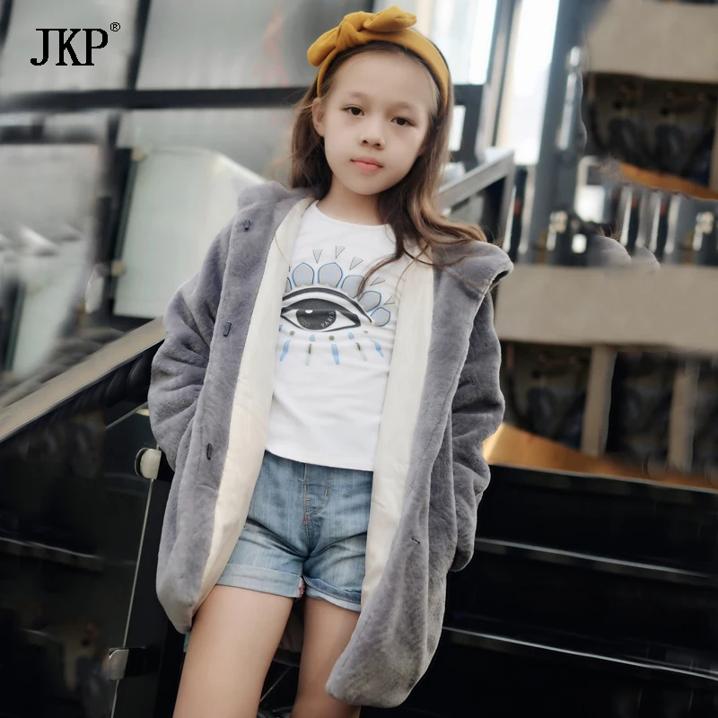 

JKP 2018 The latest winter warm real sheepskin girl coat fashion jackets for girls children's fur outerwear hooded coats CT-35