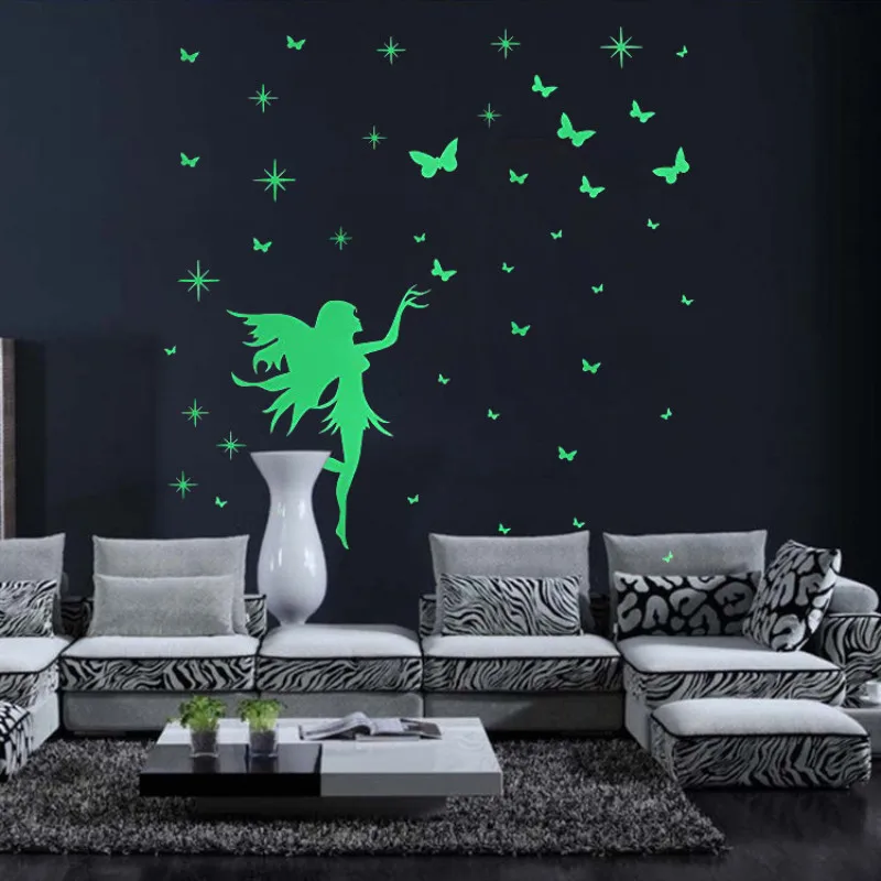 

L27*W20cm Fairy Stars and Butterfly Glow Sticker Kids PVC Room Decoration Luminous Wall Sticker Decal Bedroom DIY Home Decor