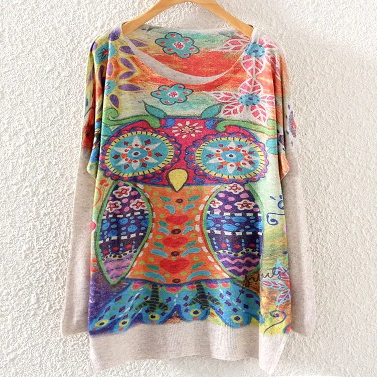 

2016 Autumn Winter Vintage Fashion Women Batwing Sleeve Knitted Geometric Owl Print Sweater Coat Jumper Pullover Knitwear Tops