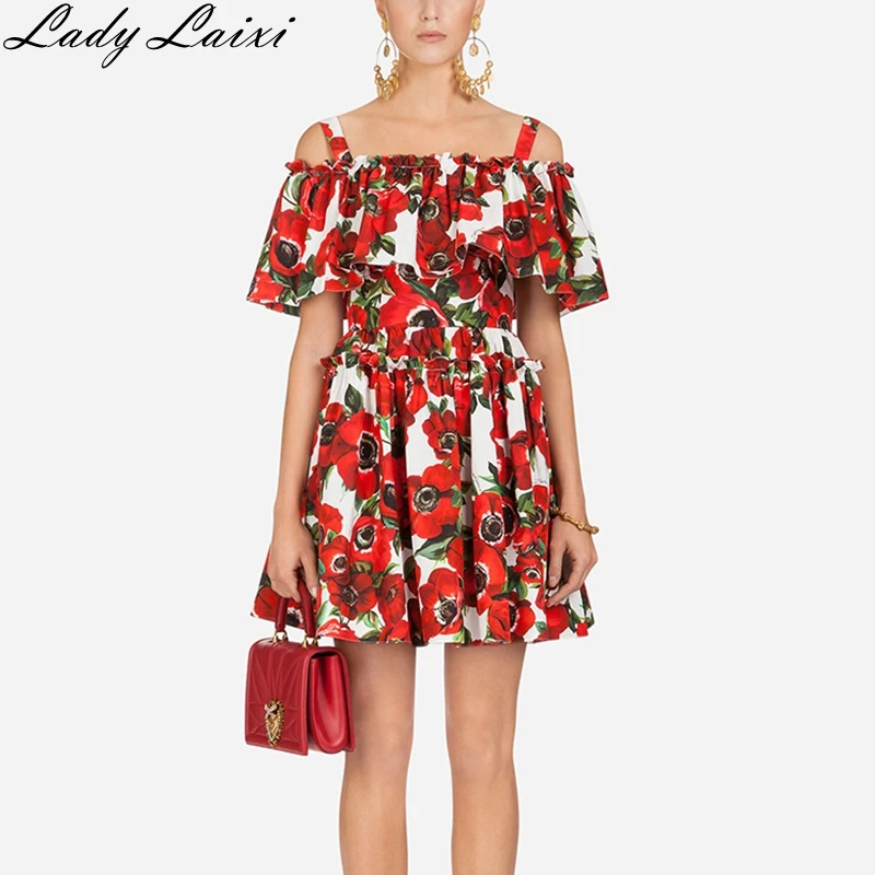 

2019 Summer New Runway Designer Floral print Mini Dress Women Fashion Spaghetti Strap Ruffles A line Short Dress Party Dresses