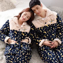 Новые зимние стеганые парные пижамные комплекты для женщин Фрукты Банан толстые теплые пижамы мужские Фланелевые с длинным рукавом брюки пижамы зимние