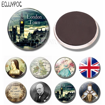 England Big Ben Fridge Magnet British London Souvenir United Kingdom Flag Map Elizabeth Churchill 30MM Glass Refrigerator Magnet
