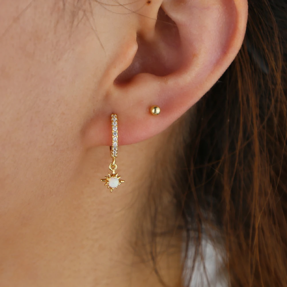 

Gold filled starburst charm dangle earring minimal delicate jewelry with single white fire opal stone