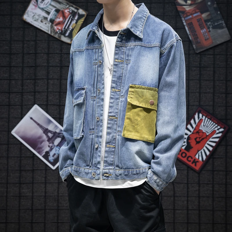 

Blue Men Jacket Jeans Fashion 2019 Autumn Slim Fit Denim Jacket Men Front Double Pocket Design Streetwear Windbreaker Coats Men