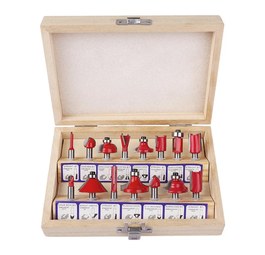 

HOT 15Pcs/Set 1/4" Shank Tungsten Carbide Router Bit Set Wood Cutter Tool Set Milling Wood Cutters Router Bit Set for Wood Tools