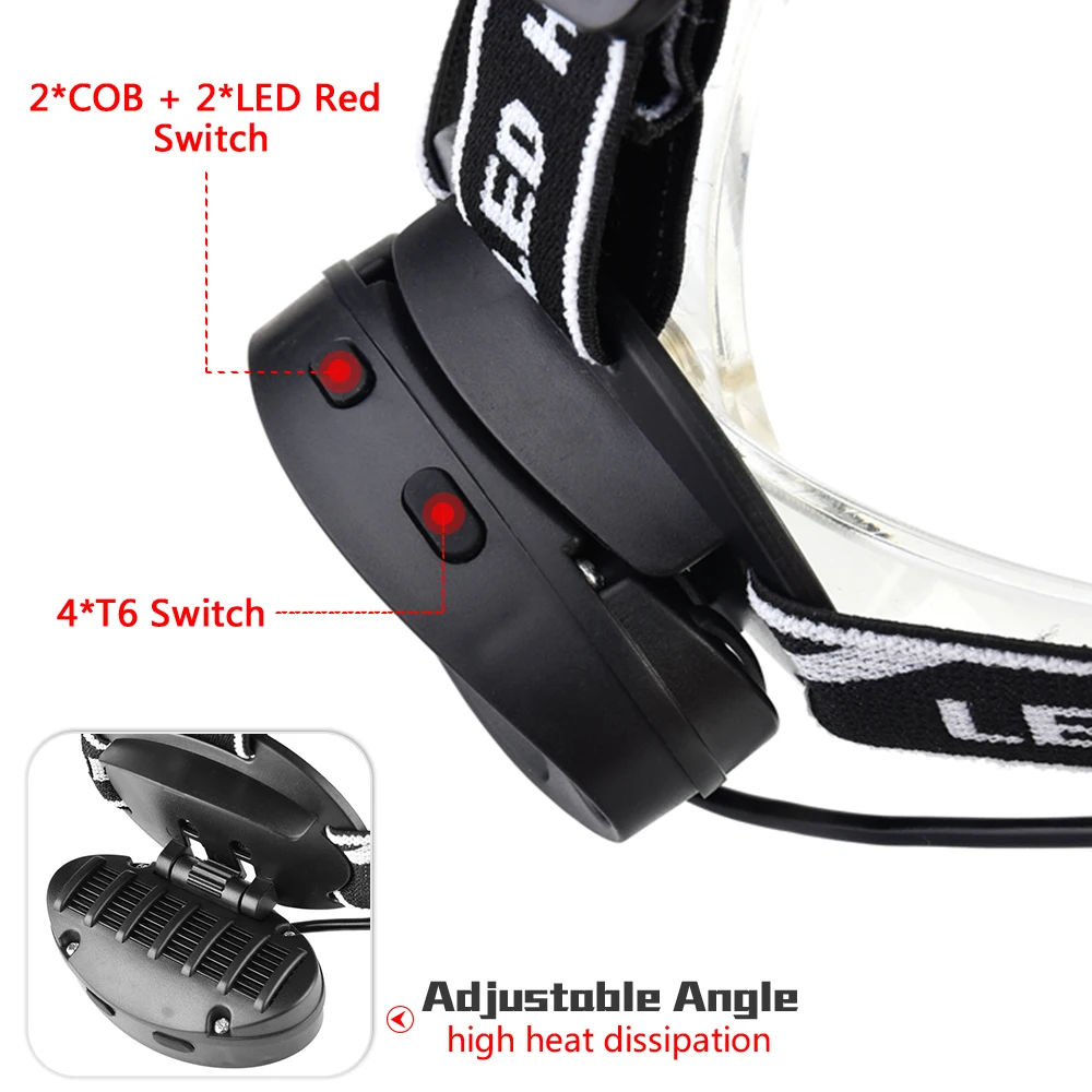 Skup Super mocny reflektor 4 * XM L T6 + 2 * COB + 2 * czerwona latarka czołowa led latarka latarka Lanterna z ładowarką do baterii reflektor