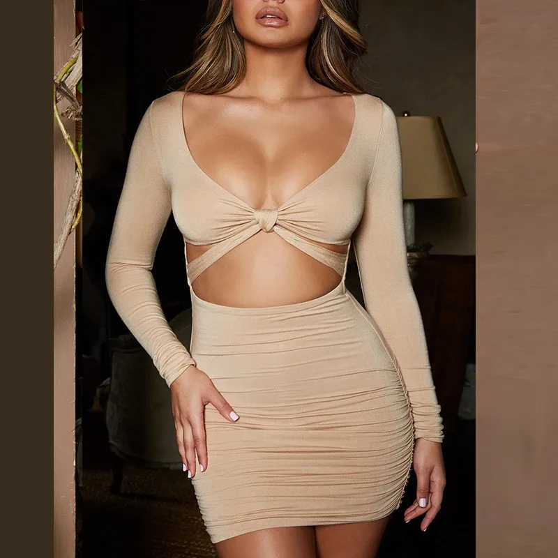 

WLWXR Hollow Out Pleated Sexy Club Dress Women Long Sleeve V Neck White Bodycon Summer Dress Bandage Mini Short Party Dresses