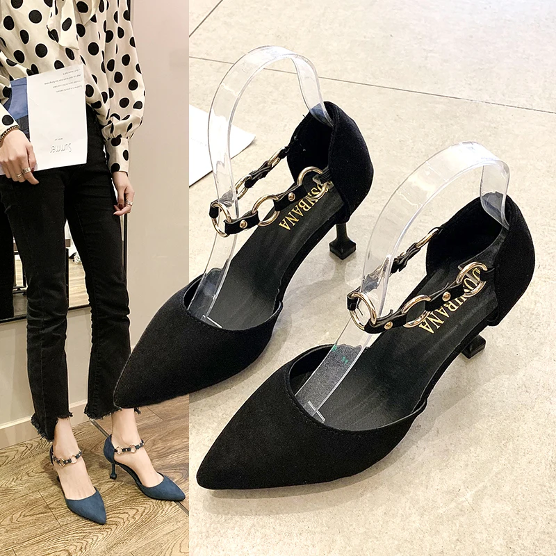 

2019 Fashion Women Flock Sandal High Heels With Buckle Ankle Strap Party Shallow Sandals Pointed Toe Beautiful Thick Heels Shoes
