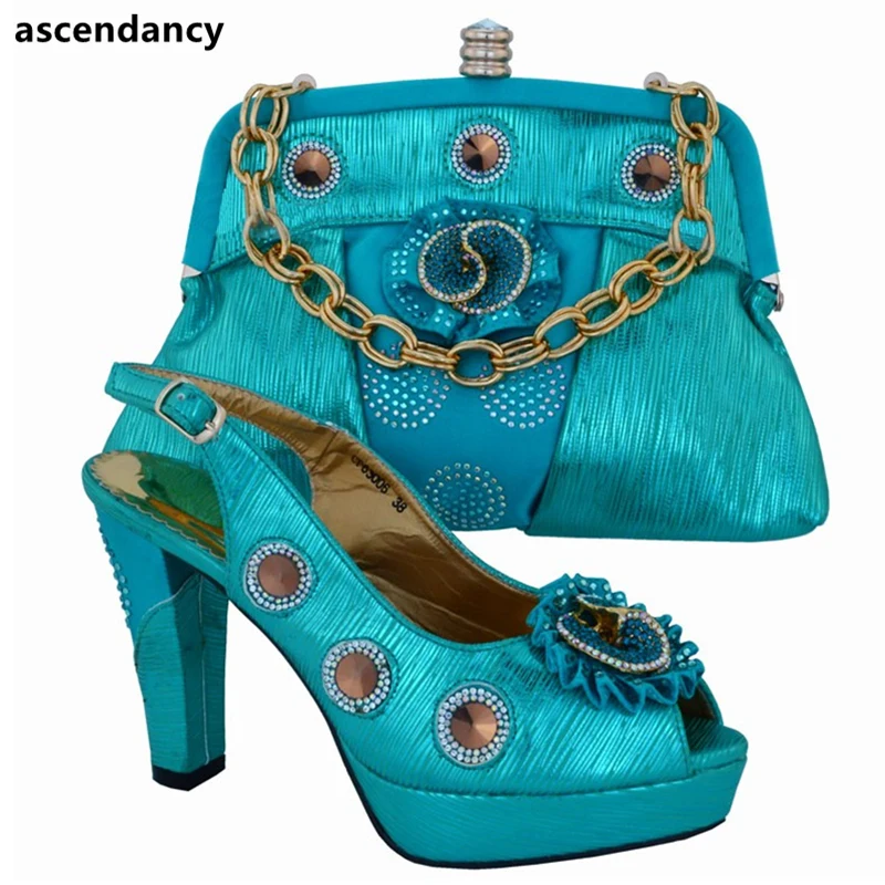 

Sky Blue Matching Shoes and Bag Set Decorated with Rhinestone Women Shoes and Bag Set In Italy High Quality Italy Shoes and Bag