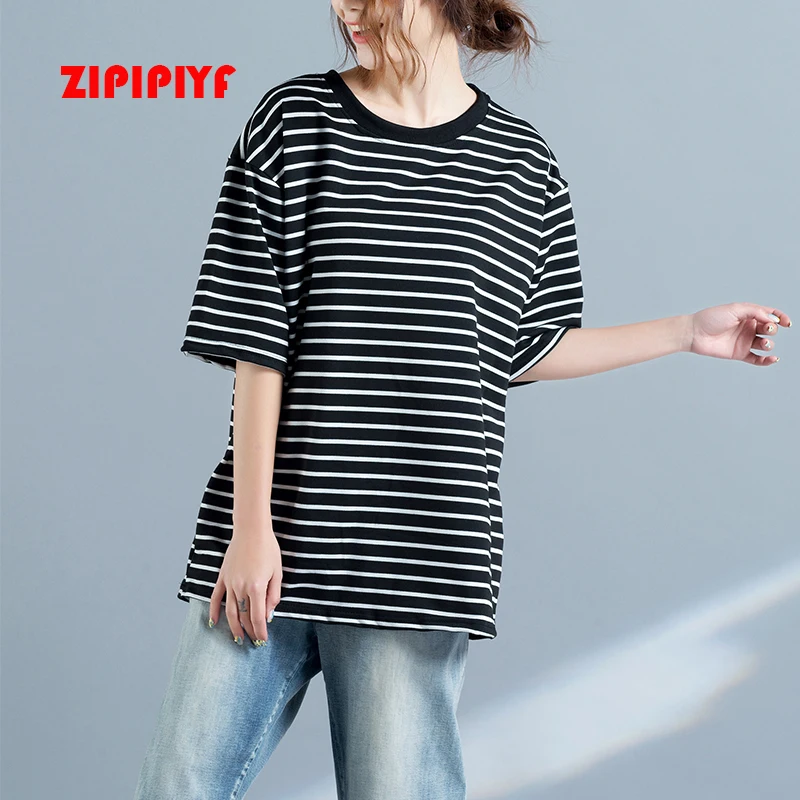 ZIPIPIYF 2017 spring and summer original size MM fat stripe casual T-shirt cotton blouse dress |