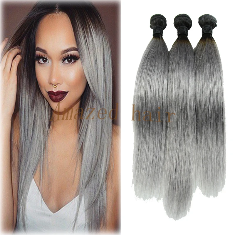 

Brazilian Virgin Ombre Grey Hair Weave 3Pcs/lot Omber Grey Hair Extensions #1b/gray Grey Hair Extensions Brazilian Straight Hair