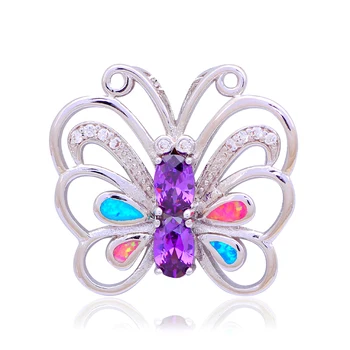 

Wholesale Retail Huge Butterfly Color Fire Opal stamp Silver Necklace Pendants Fashion jewelry OP470A