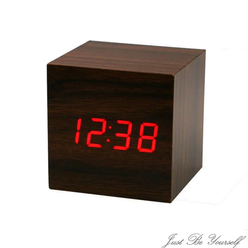 Модный Мини Куб Стиль цифровой Красный светодиодный деревянный стол будильник коричневые часы Голосовое управление m20 30