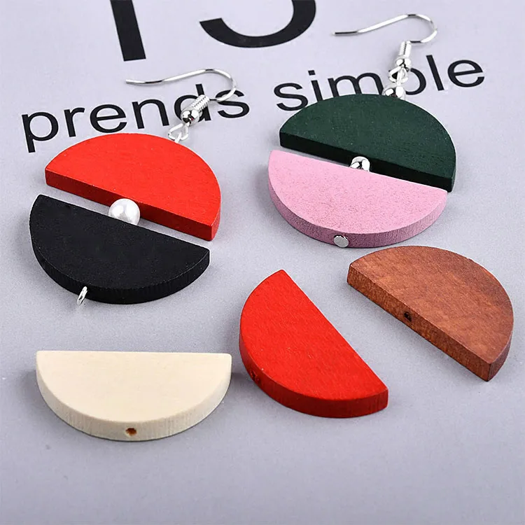 

Retro folk style earring earrings DIY handmade natural wood semi-circular jewelry materials