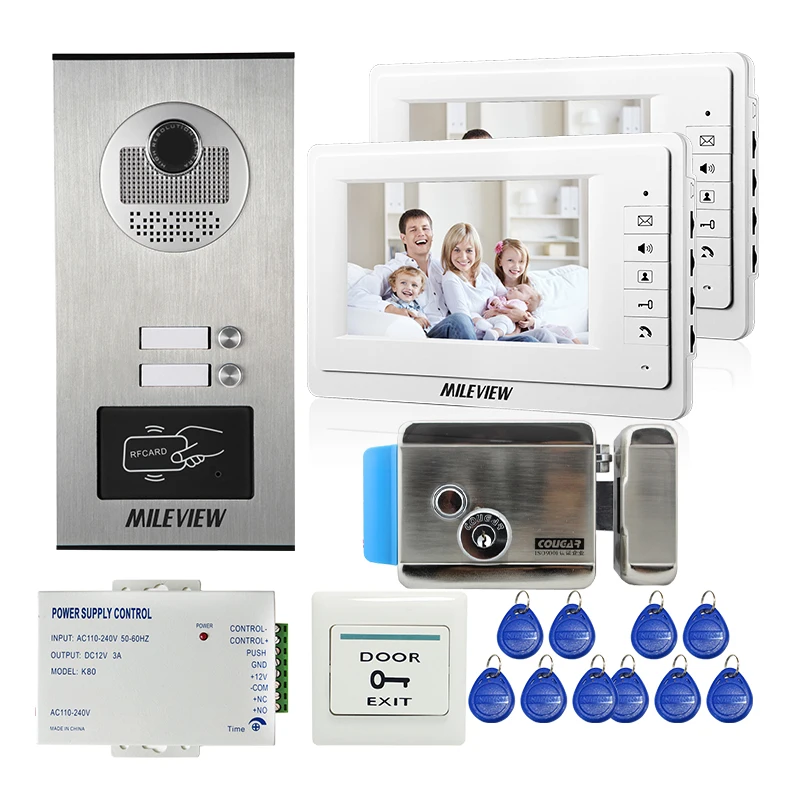 

Apartment 7" Color Video Door Phone Intercom System 2 Monitor + RFID Access Door Camera 2 Buttons + Electric Lock FREE SHIPPING