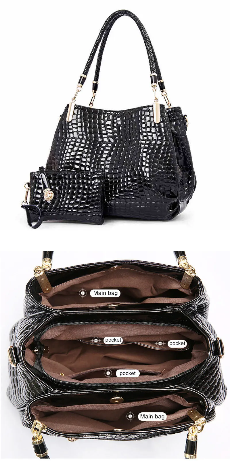 LDAJMW 2 шт./набор, новая женская сумка из искусственной кожи аллигатора, сумки на плечо, Женская вместительная сумка-клатч, кошелек