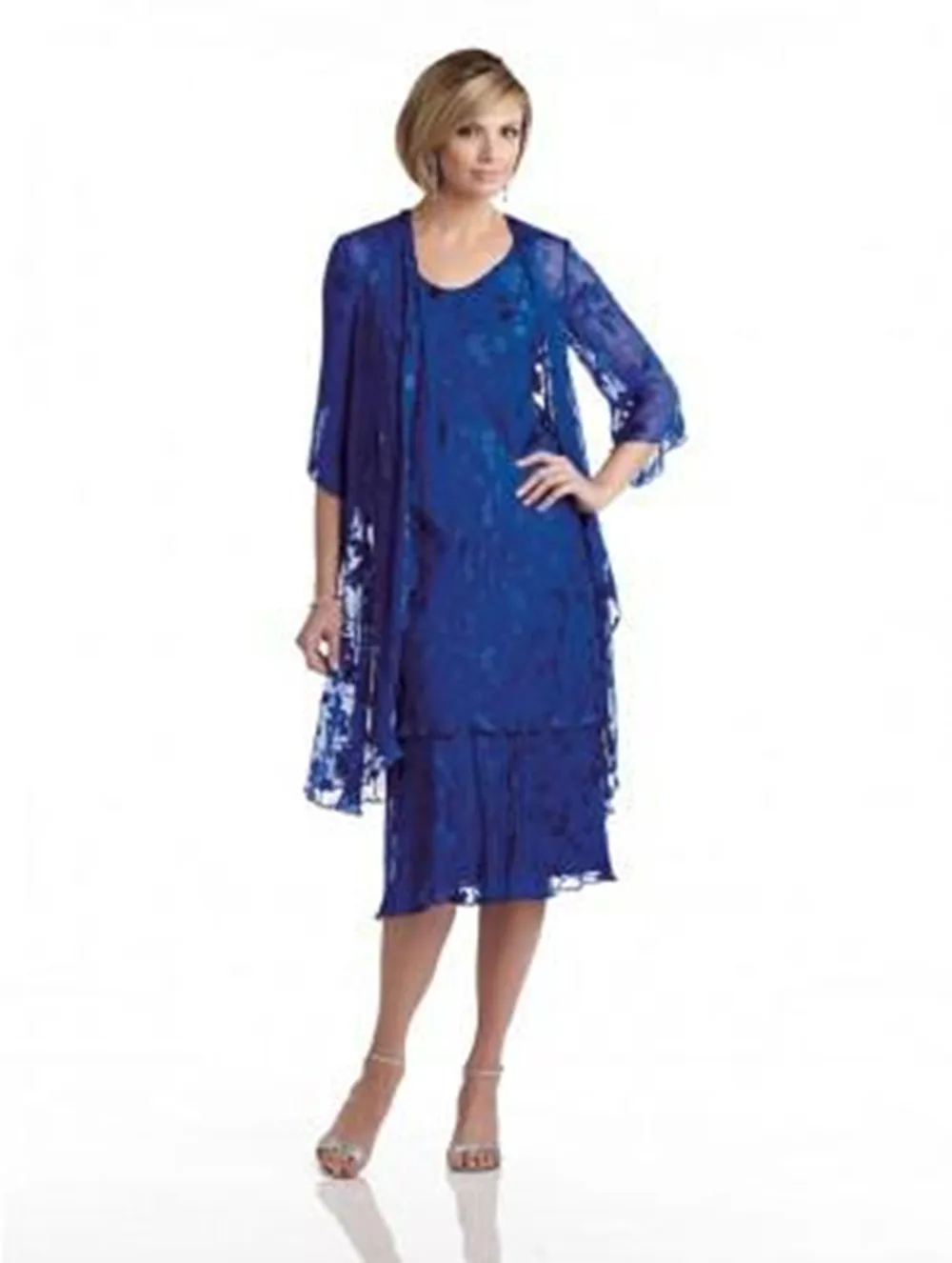 

fast shipping in stock 3/4 sleeves cheap royal blue knee length mother of the bride dresses with lace jacket