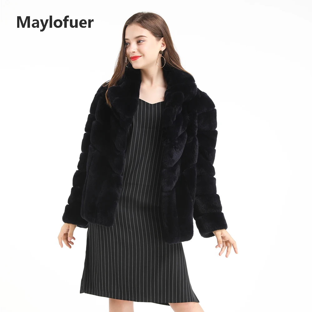 Maylofuer Smooth Real Rex Rabbit Fur Coat Strips Pattern Women Natural and Genuine Rabbit Fur Coats Black Color