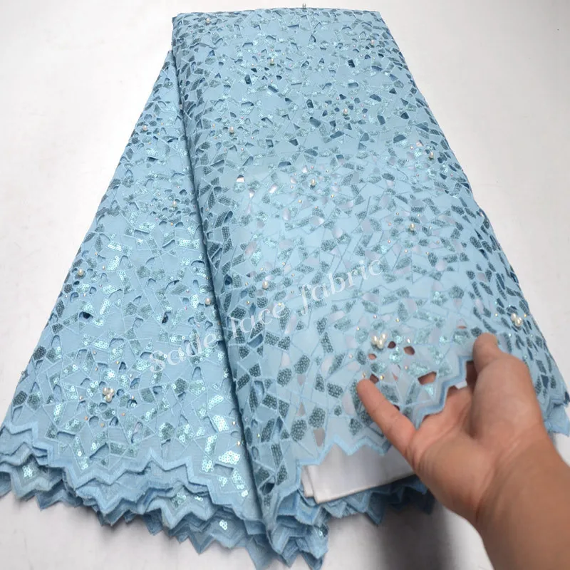 

Gorgeous Sky blue African handcut organza lace fabric Swiss voile lace with Allover sequins beads and stone high quality DG225