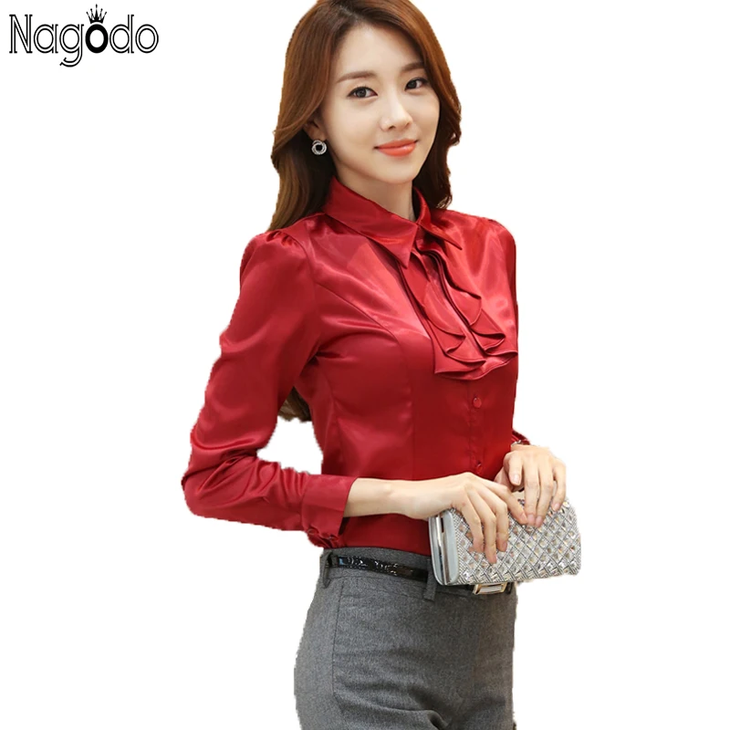 

2018 New Autumn Professional Office Lady OL Women Shirts Red Long Sleeved Fashion Ruffle Blouse Camisa Feminina Plus size S-3XL