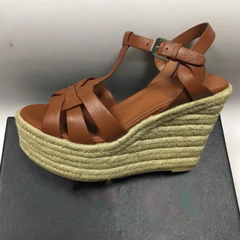 Tuyoki/Новые Летние босоножки на танкетке женская обувь из натуральной кожи с открытым носком на высоком каблуке Женская обувь на платформе с пряжкой размеры 34-41 - Цвет: brown 3