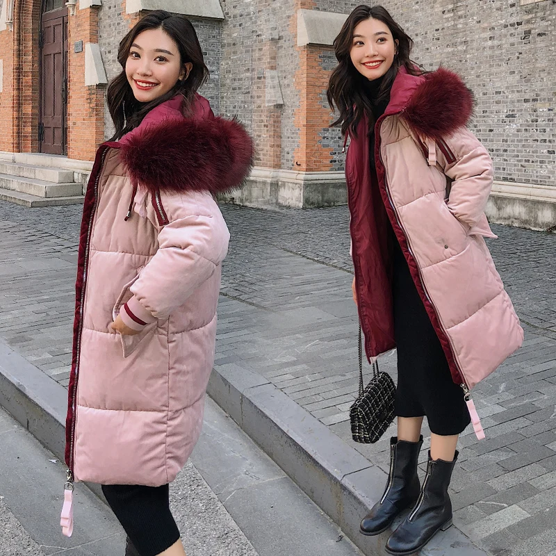 2019 Fashion Fur Collar Hooded Jacket Women Velvet Padded Cotton Down Winter Thick Warm Coat Plus Size Female Long Parka | Женская