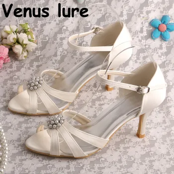

Off white Satin Peep Toe Elegant Bridal Shoes for Wedding Sandals High Heel