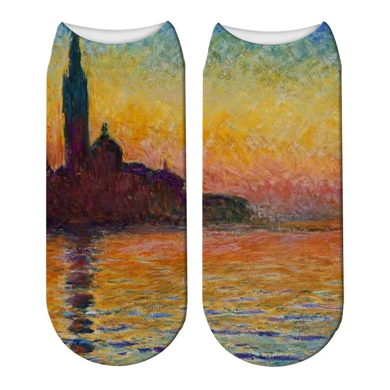 Новые 3D Ретро картины Клода Мона забавные женские носки Маковое поле короткие носки пляжные хризантемы волны ломающие носки