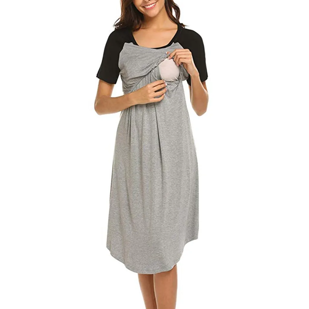 Nursing Dress Women Summer Casual Loose Patchwork Breastfeeding Dress