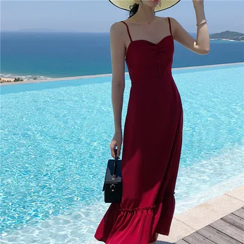 

Strapless Cotton Spaghetti Strap Maxi Dress Sexy Bodycon Long Mermaid Trumpet Dresses Red Solid Color Backless Vogue Nice
