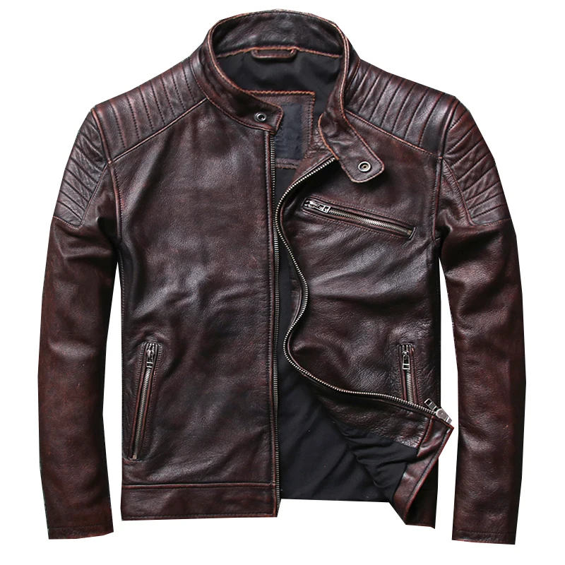

HARLEY DAMSON Retro Brown Men Slim Fit Biker's Leather Jacket Plus Size XXXL Genuine Cowhide Spring Slim Fit Motorcycle Coat