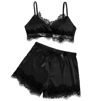 

Womens Summer Contrast Sexy Pajamas Set Spaghetti Crop Top Bra Wide Leg Shorts Eyelash Floral Lace Patchwork Split Sleepwear