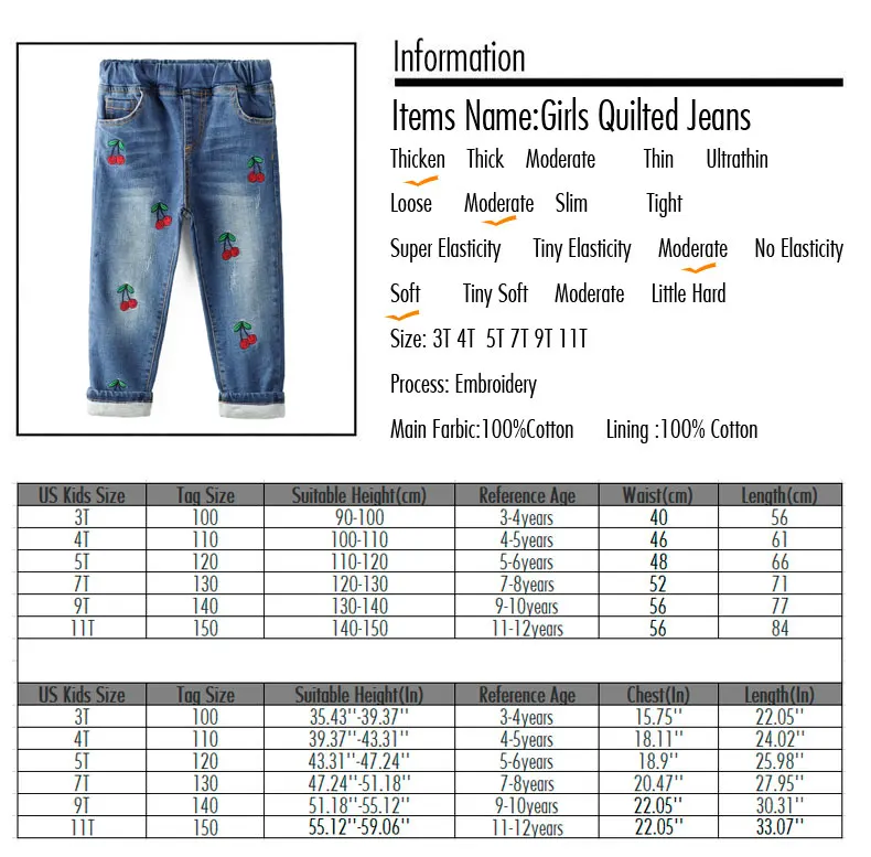 2018 Baby Kids Cotton Lined Warm Winter Jeans For Girls Cherry Embroidered Denim Long Pants Toddler Children Trousers Leggings1
