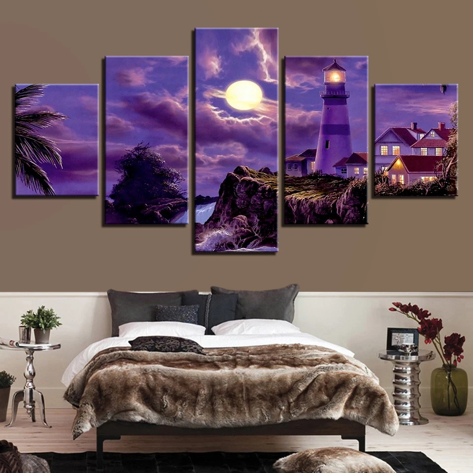 Unframed 5 шт. Холст Картина Маяк лунный пейзаж HD печати плакат, панно для Гостиная Home Decor
