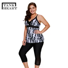 Бикини для купания с черным принтом в виде сердца, плюс размер, женский купальник, танкини, комплект из двух частей, купальник с шортами, танкини, XXXL