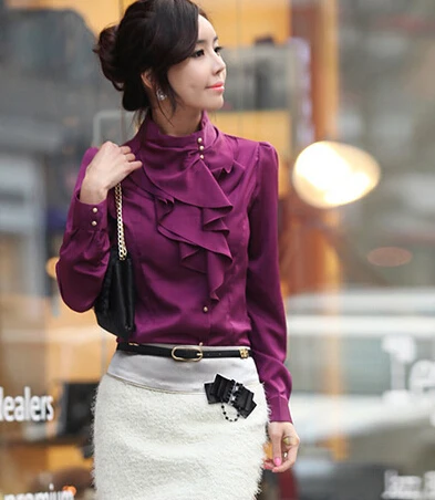 

Free Shipping High Quality Elegant OL Style Stand Collar Lotus Leaf Puff Sleeve Silk Satin Woman Blouse