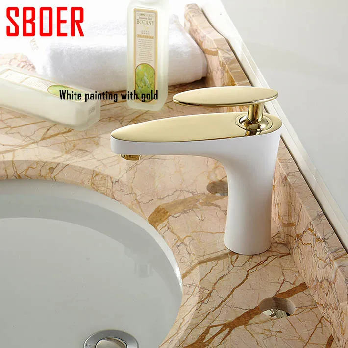

Deck Mounted bathroom faucet.white paint with gold basin mixer with hot & cold water.single handle sink mixer tap