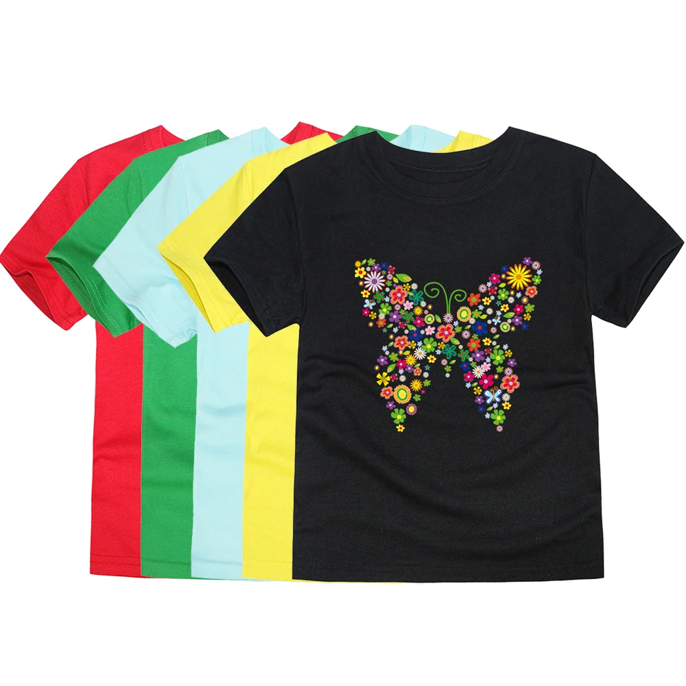 

TINOLULING Summer Short Sleeve Girls Butterfly Heat Transfer Printing T Shirts Kids Animal Printed Tops Tees for Summer 2-14Yrs