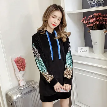 

Fashion Black Hoodies for Girls Spring Plus Size 2xl Women Sweatshirts Thick Hooded Sequin Top Female Pullovers Ladies Sportwear