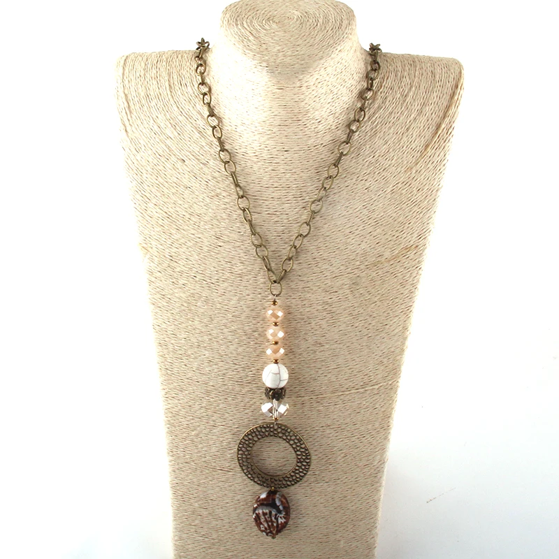 

New Styles Fashion Jewelry Long Chain Crystal & Netal Link Natural Stone Pendant Necklaces For Women Ethnic Necklace