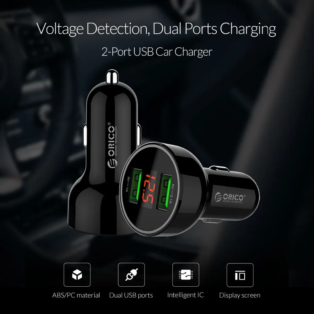 ORICO UPK-2U شاحن سيارة ذكي مع شاشة LCD سريع محول للشحن للجوال هاتف لوحي الانتاج المزدوج USB شاحن سيارة ORICO UPK-2U شاحن سيارة ذكي مع شاشة LCD سريع محول للشحن للجوال هاتف لوحي الانتاج المزدوج USB شاحن سيارة