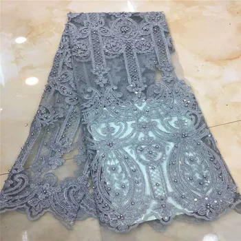 

Latest grey Nigerian lace fabrics for wedding 2019 high quality tulle lace with beads and sequins embroidery lace trim xc65-1137