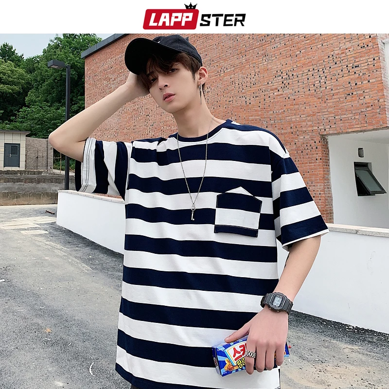 

LAPPSTER Men Harajuku Striped Funny T Shirts Summer 2019 Korean Fashion Streetwear Top T Shirt Pocket Vintage Casual T-shirt 4XL