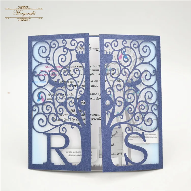 

Navy blue laser cut customized wedding card invitations tree