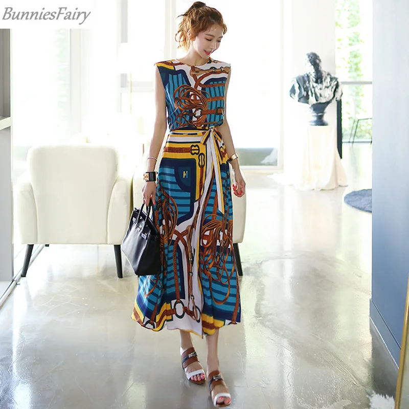 

BunniesFairy 2019 Summer Women Bohemian Vintage Chains Geometric Print Chiffon Dovetail Shirt Top Plus Maxi Skirts Two Pcs Set