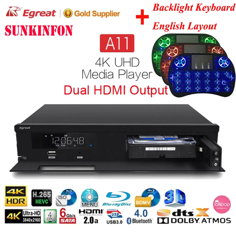 Домашний кинотеатр Egreat A11 3D 4K Blu Ray HDD медиаплеер двойной HDMI выход UHD Android ТВ
